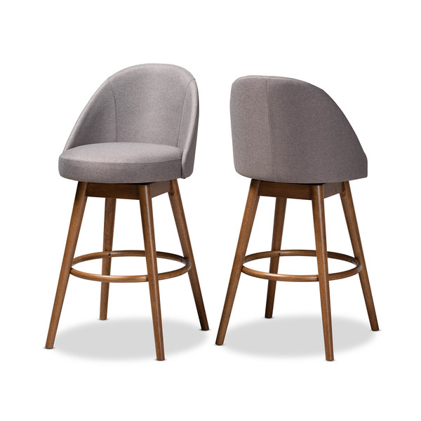 Baxton Studio Carra Grey Upholstered Walnut-Finished Wood Swivel Bar Stool, PK2 157-9650